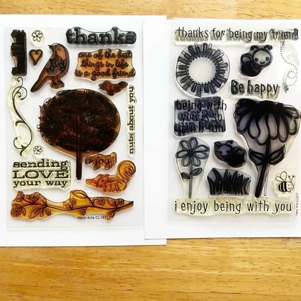 Hero Arts Set of 2 Clear Stamp Sets Be Happy CL377 Trees Birds & Messages CL182